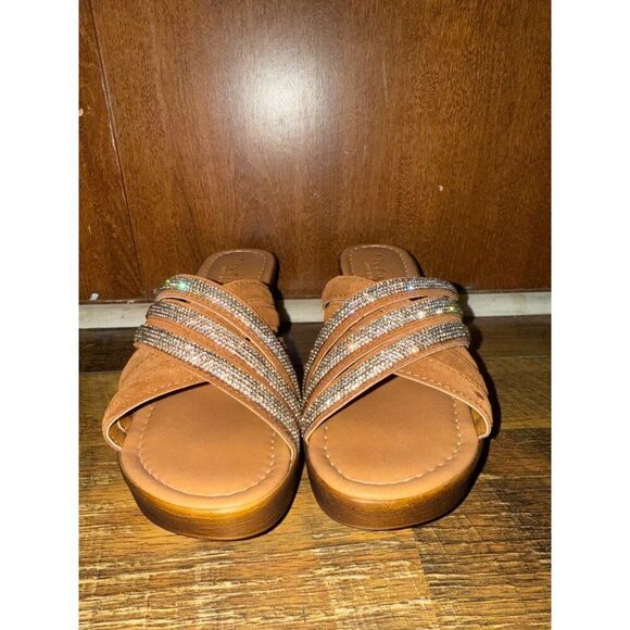 NWOT Mariella Brown Rhinestone Wedge Sandals Size 8 - Picture 6 of 10